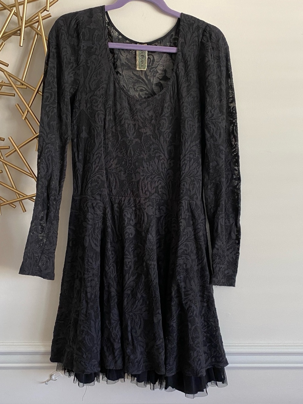 Free People Black Lace Tule Skirt Sheer Back Long Sleeved Skater Dress - Size L